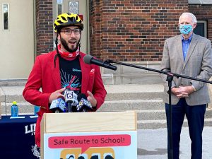 Michael Anderson, Program Manager, Wisconsin Bike Fed, speaks at award ceremony.