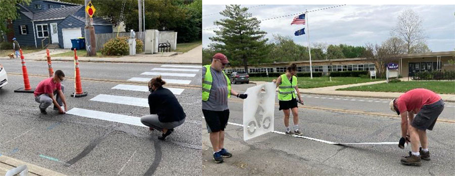 left image: two people laying down temporary crosswalk stripes; right image: three people laying down temporary bike lane markings. 