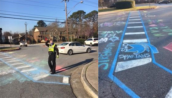 left image: traffic control officer stands at a temporary chalk crosswalk; right image: temporary chalk crosswalk