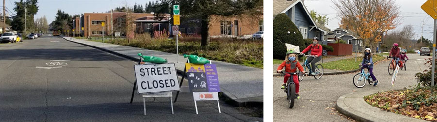 left image: street closed sign for all pass-through traffic; right image: children biking on a residential street
