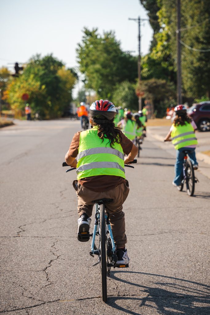 Students bike in Minneapolis, MN.